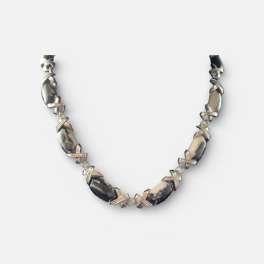 Elegant Zebra Jasper Stone and Silver Tone 20” necklace
